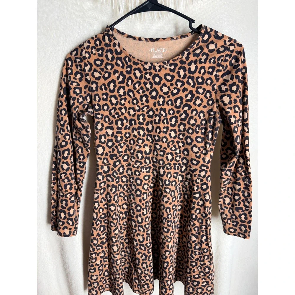 The Childrens Place Girls Brown Leopard Print Long Sleeve Dress SZ L 10/12